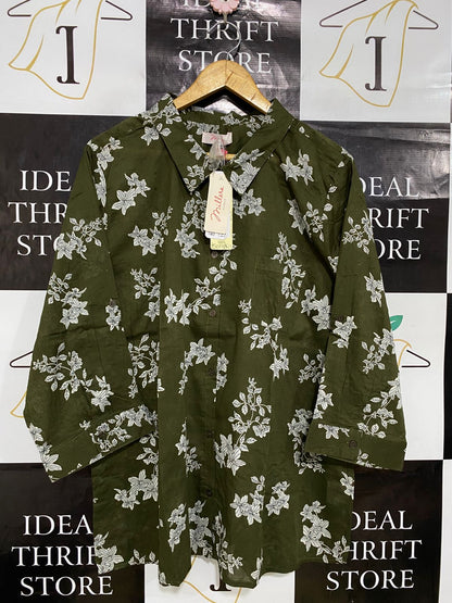 MILLERA |XL| BUST 24| A32| OLIVE GREEN & WHITE FLORAL PRINT BUTTON-UP TUNIC SHIRT