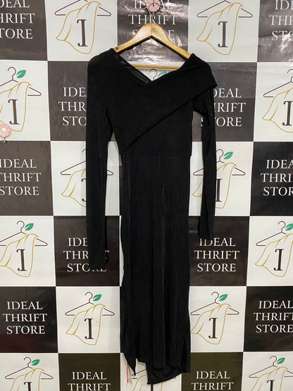 CIDER |M| BUST 14| A32| BLACK CROSSOVER ASYMMETRIC-NECK RUCHED LONG-SLEEVE MIDI DRESS