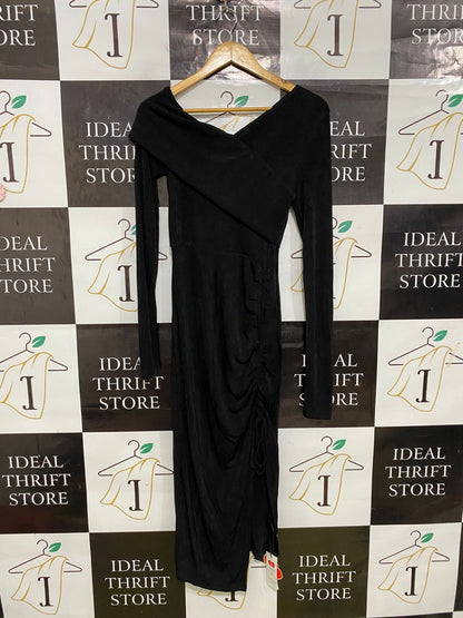 CIDER |M| BUST 14| A32| BLACK CROSSOVER ASYMMETRIC-NECK RUCHED LONG-SLEEVE MIDI DRESS