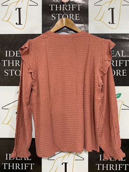 SUSSAN |S| BUST 20| A32| DUSTY ROSE TEXTURED V-NECK RUFFLE-SHOULDER LONG-SLEEVE BLOUSE