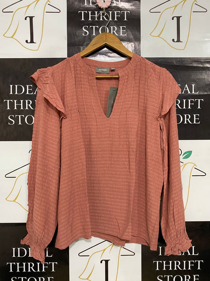 SUSSAN |S| BUST 20| A32| DUSTY ROSE TEXTURED V-NECK RUFFLE-SHOULDER LONG-SLEEVE BLOUSE