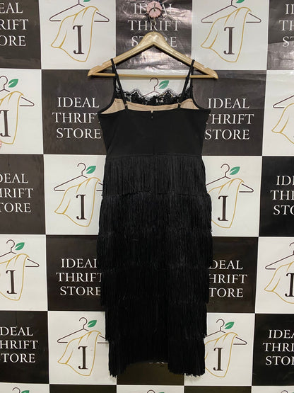 BOOHOO |S| BUST 16| A32| BLACK LACE-EMBELLISHED TIERED FRINGE CAMI MIDI DRESS