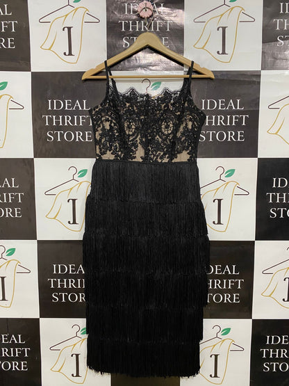 BOOHOO |S| BUST 16| A32| BLACK LACE-EMBELLISHED TIERED FRINGE CAMI MIDI DRESS