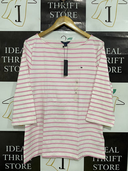TOMMY HILFIGER |XL| BUST 19| A32| WHITE & PINK STRIPED BOAT-NECK 3/4-SLEEVE TOP