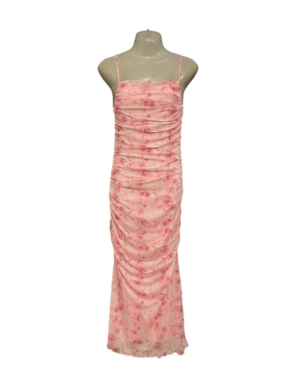 SHEIN |XS| BUST 15| A33| PINK RUCHED MESH ROSE PRINT SLIP MIDI DRESS