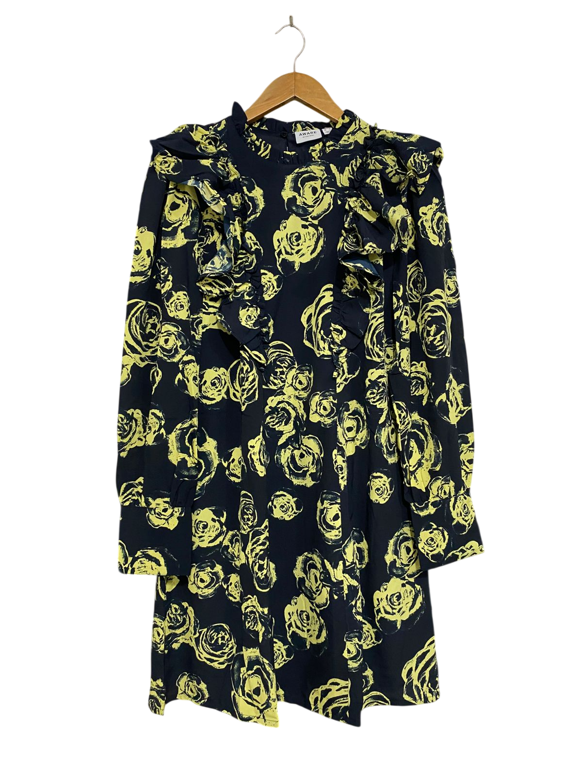 AWARE |L| BUST 19| A33| BLACK & YELLOW ROSE PRINT RUFFLED LONG-SLEEVE DRESS