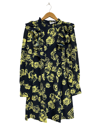 AWARE |L| BUST 19| A33| BLACK & YELLOW ROSE PRINT RUFFLED LONG-SLEEVE DRESS