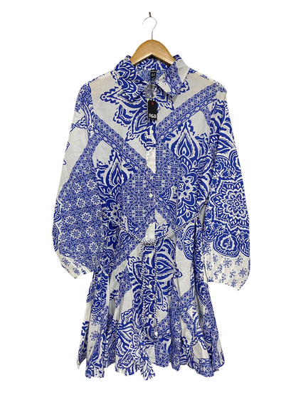 R & B |L| BUST 20| A33| BLUE & WHITE PAISLEY PRINT TIE-WAIST SHIRT DRESS