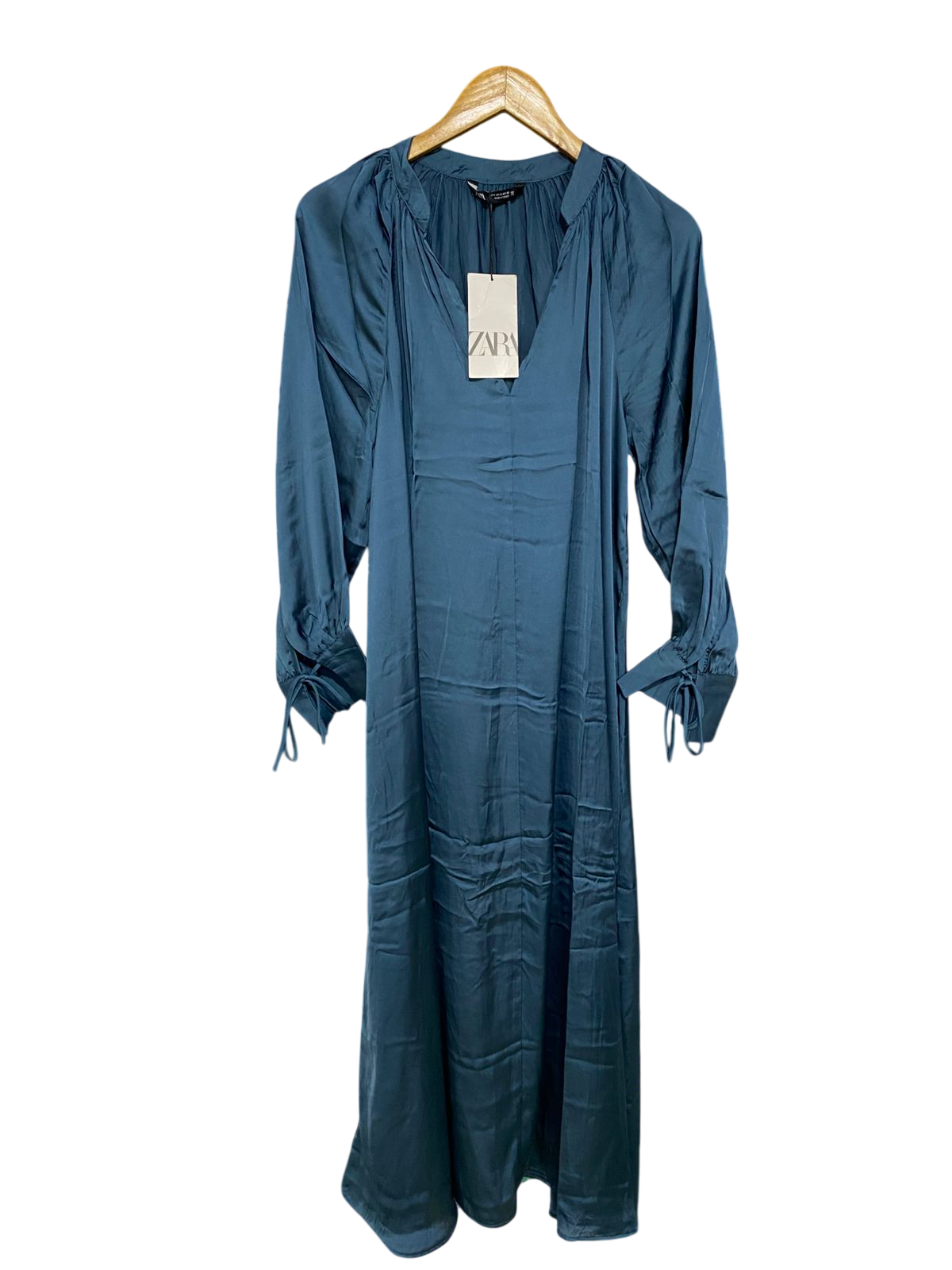 ZARA |S| BUST 17| A33| DUSTY BLUE SATIN LONG-SLEEVE MIDI DRESS