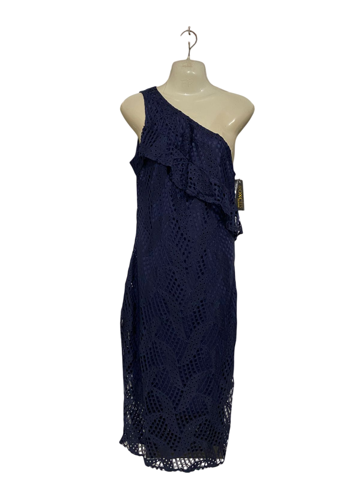 ROXCIIL |M| BUST 17| A33| NAVY BLUE ONE-SHOULDER LACE MIDI DRESS