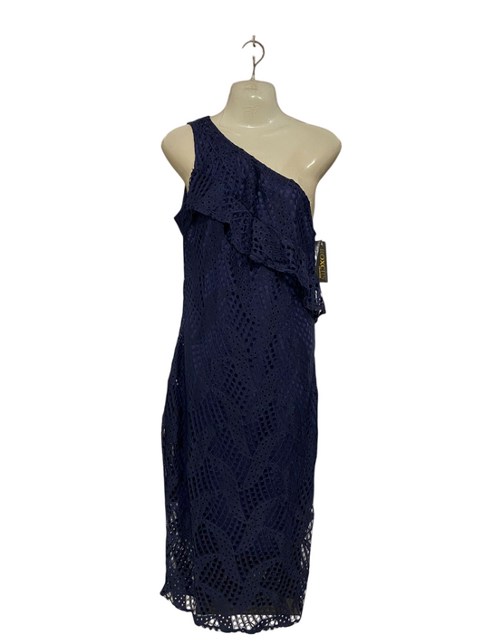 ROXCIIL |M| BUST 17| A33| NAVY BLUE ONE-SHOULDER LACE MIDI DRESS