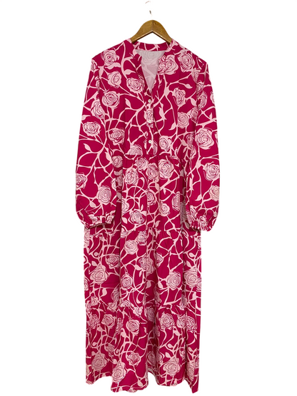 |L| BUST 21| A33| MAGENTA & PINK ROSE PRINT V-NECK TIERED MIDI DRESS