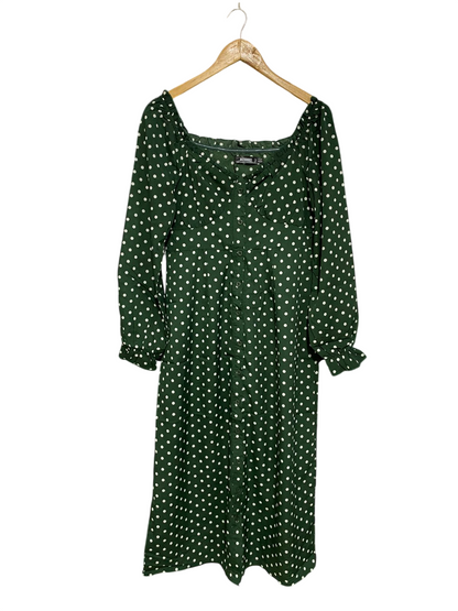 MISSGUIDED |L| BUST 18| A33| FOREST GREEN & WHITE POLKA-DOT SQUARE-NECK MIDI DRESS