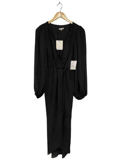 TUSSAH |S| BUST 15| A33| BLACK V-NECK LONG-SLEEVE WRAP MIDI DRESS