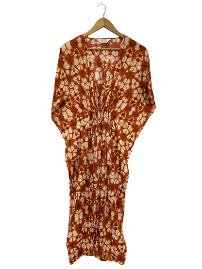 PRIMARK CARES |M| BUST FREE| A33| RUST BROWN TIE-DYE GEOMETRIC KAFTAN MIDI DRESS