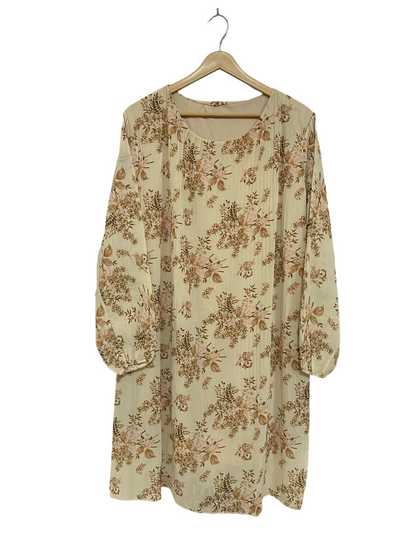 |L| BUST 20| A33| CREAM & BROWN FLORAL ROUND-NECK LONG-SLEEVE MIDI DRESS