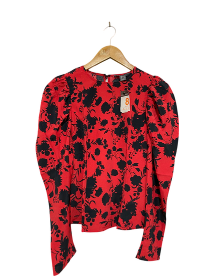 PRIMARK |S| BUST 16| A33| RED & BLACK FLORAL PUFF-SLEEVE BLOUSE