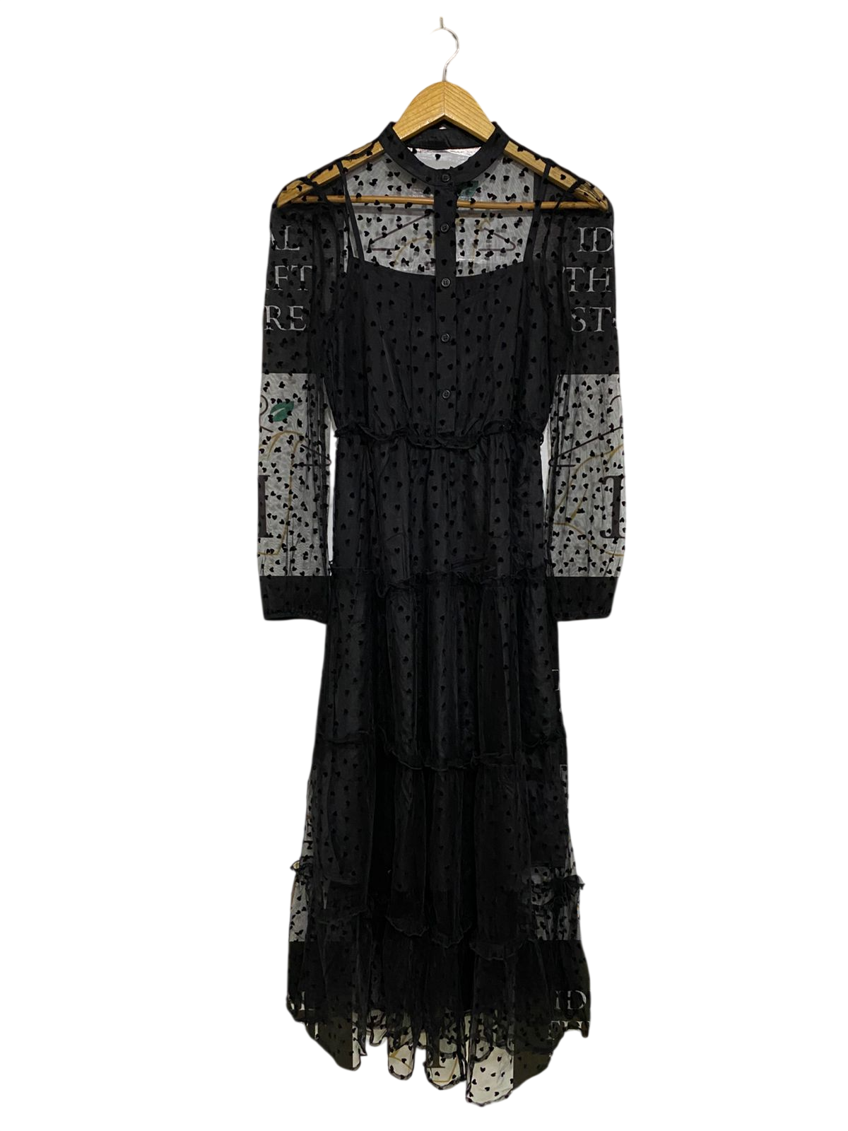 SHEIN |S| BUST 15| A33|BLACK SHEER SWISS-DOT & TIERED LONG-SLEEVE MIDI DRESS