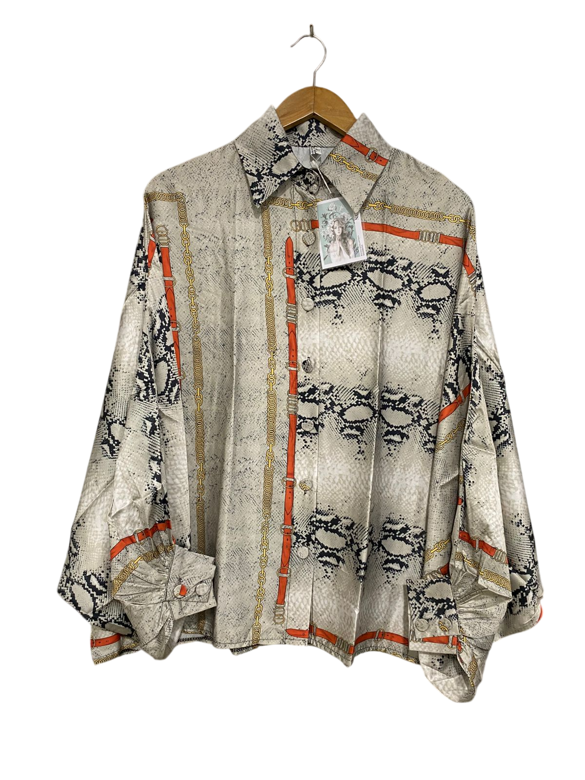 FASHION |L| BUST FREE| A33| NEUTRAL SNAKESKIN & CHAIN-PRINT OVERSIZED BUTTON-UP SHIRT