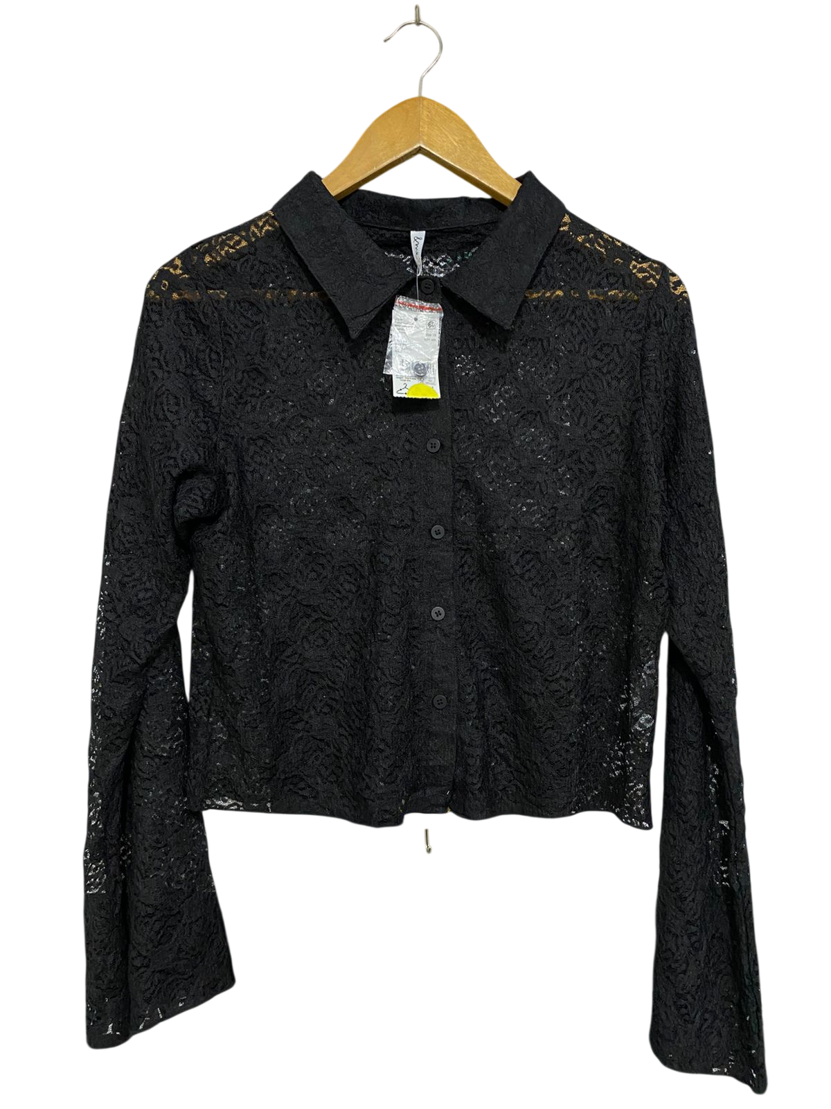 & ME |L| BUST 19| A33| BLACK SHEER LACE BUTTON-UP COLLARED SHIRT