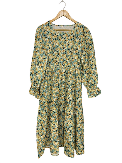 |L| BUST 19| A33| YELLOW & SAGE GREEN FLORAL ROUND-NECK LONG-SLEEVE MIDI DRESS