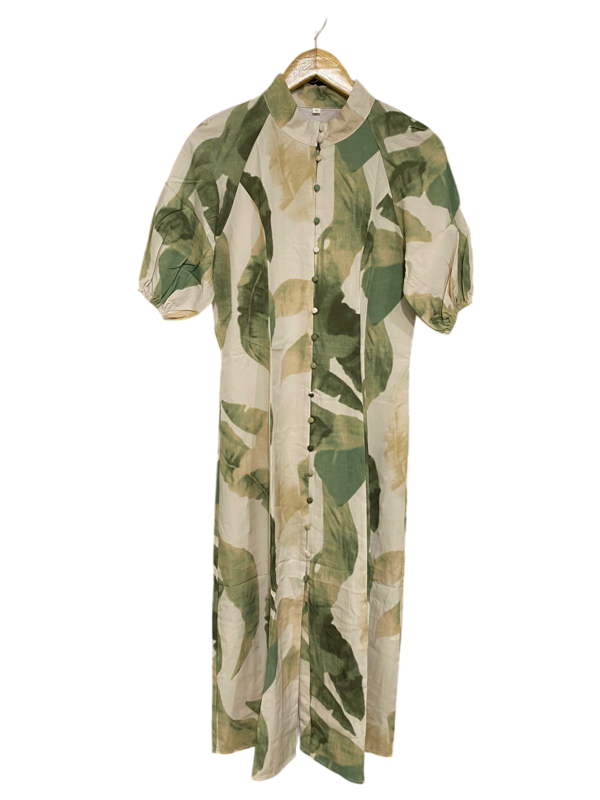 SHEIN |S| BUST 17| A33| BEIGE & GREEN BOTANICAL LEAF PRINT BUTTON-FRONT MIDI DRESS