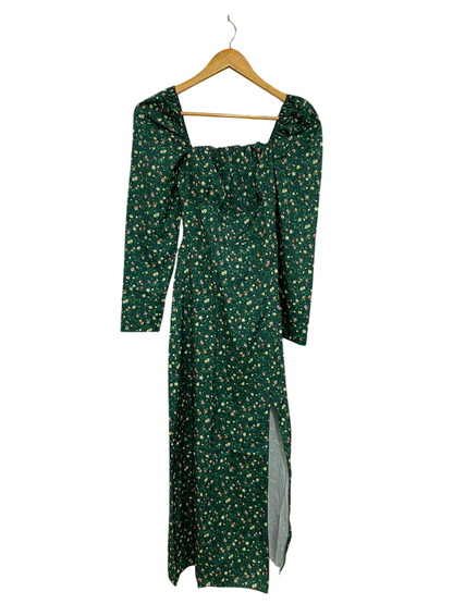 I SAW IT FIRST |M| BUST 12| A33| EMERALD GREEN FLORAL SQUARE-NECK LONG-SLEEVE MIDI DRESS