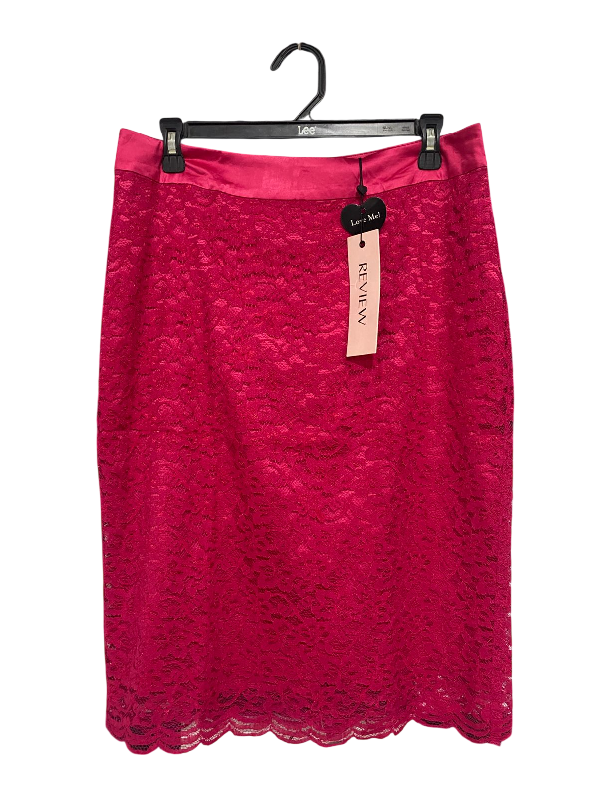 REVIEW |L| WAIST 31| A33| REVIEW MAGENTA LACE HIGH-WAIST SCALLOPED MIDI SKIRT