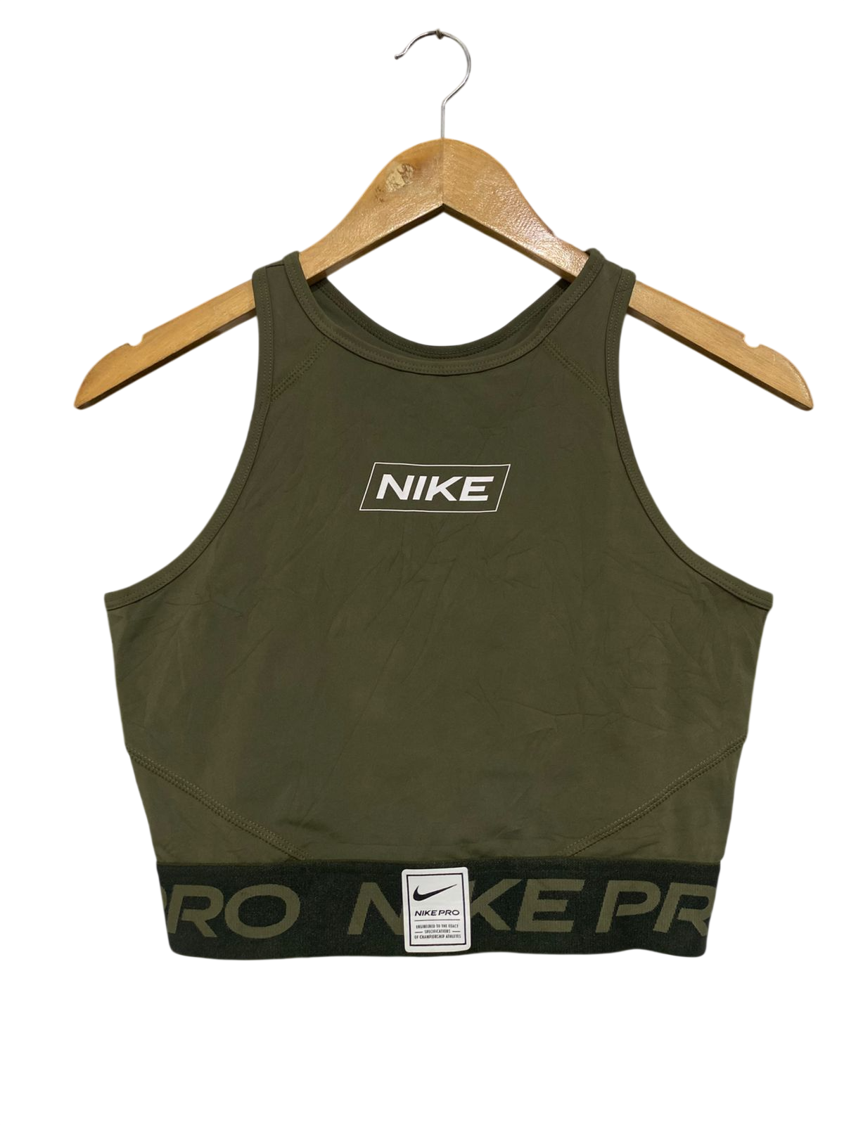 NIKE |S| BUST 15| A33| OLIVE GREEN & BLACK BOX-LOGO ACTIVE CROP TOP