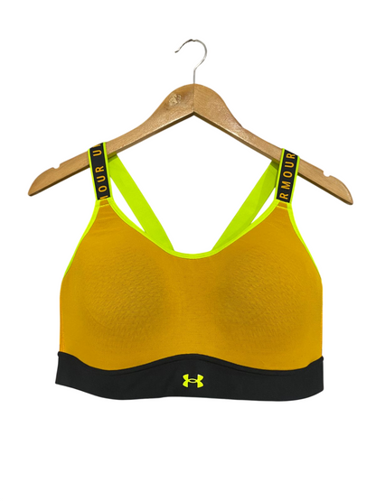 UNDER ARMOUR |XL| BUST 16| A33| MUSTARD YELLOW & BLACK BRANDED-STRAP SPORTS BRA
