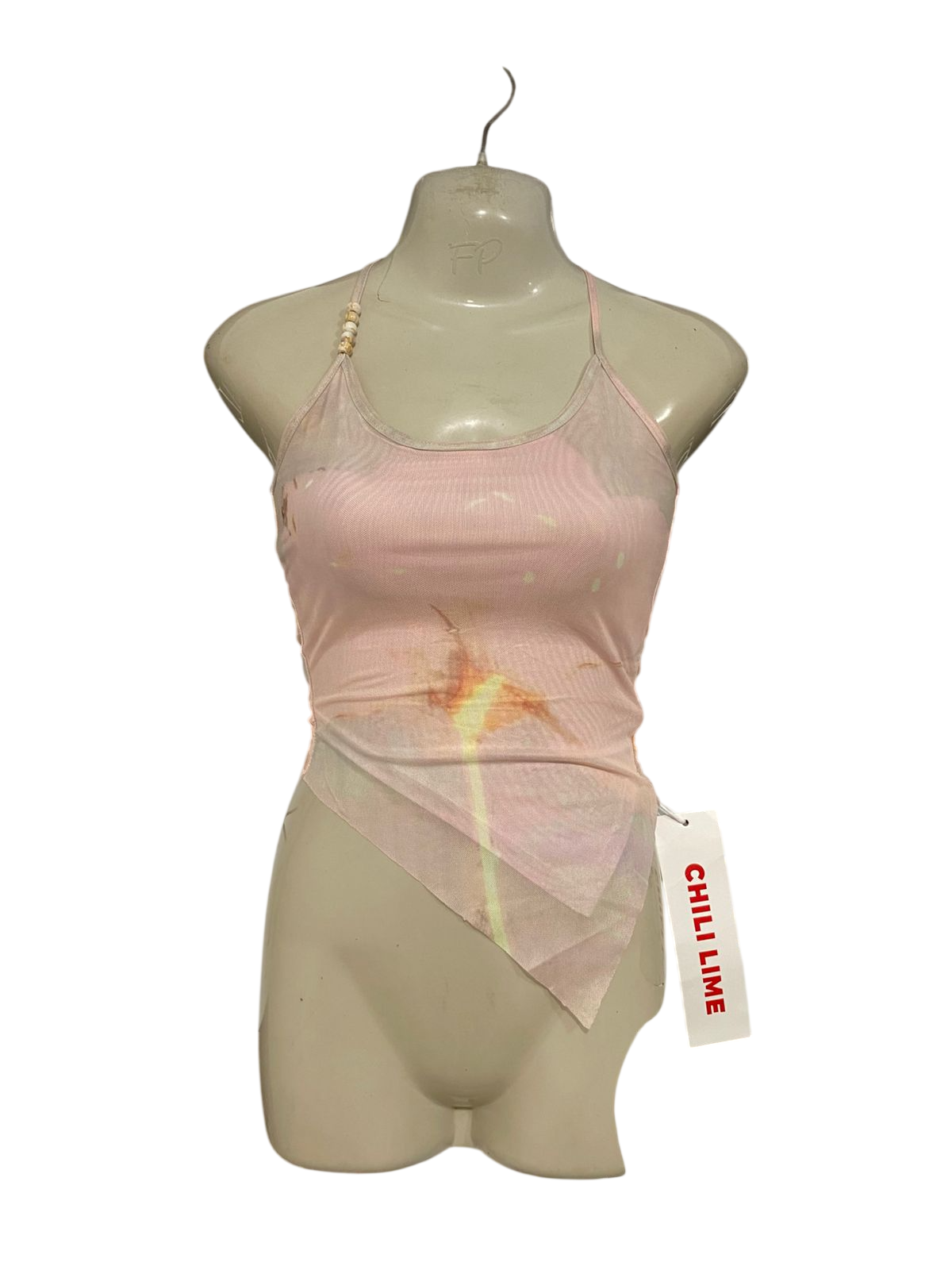 CHIL LIME |S| BUST 14| A33| CHILI LIME PINK ABSTRACT FLORAL MESH ASYMMETRIC CROP TOP