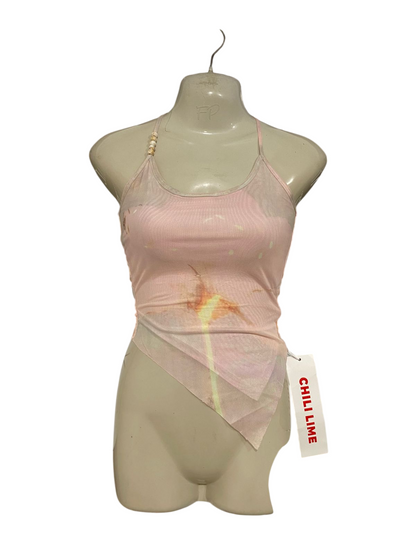CHIL LIME |S| BUST 14| A33| CHILI LIME PINK ABSTRACT FLORAL MESH ASYMMETRIC CROP TOP