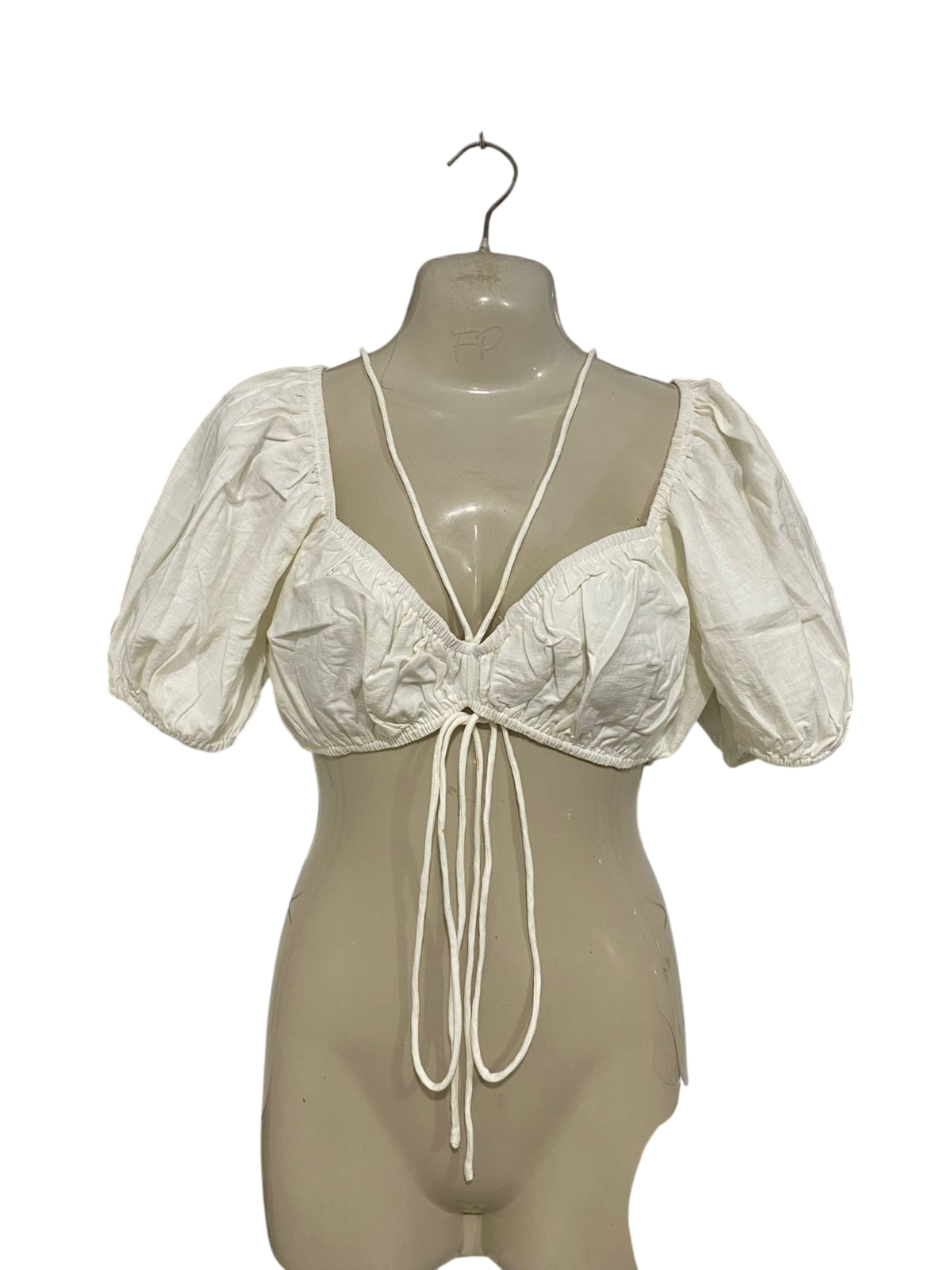 SABO |S| BUST 16| A33| WHITE PUFF-SLEEVE TIE-FRONT CROP TOP WITH NECK STRAPS