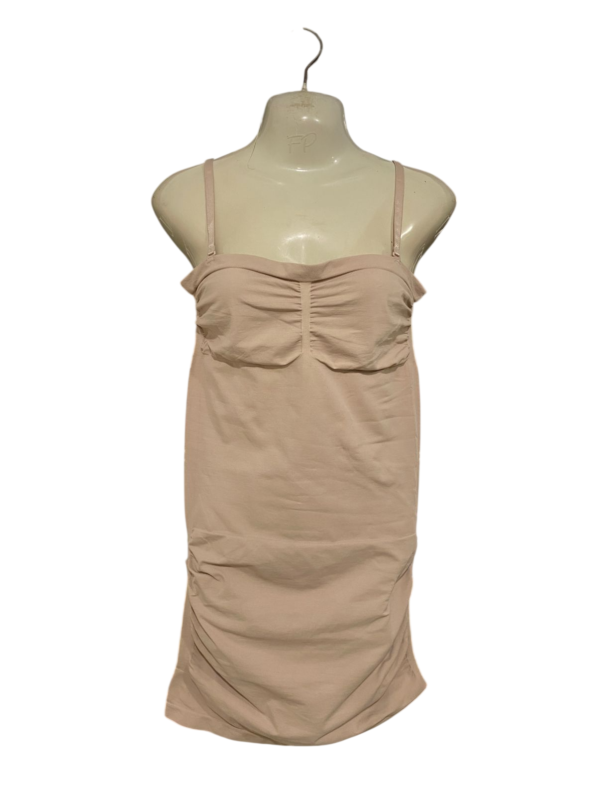 PLIE |XL| BUST 15| A33| NUDE BLUSH STRAPLESS RUCHED-BUST BODYCON MINI DRESS