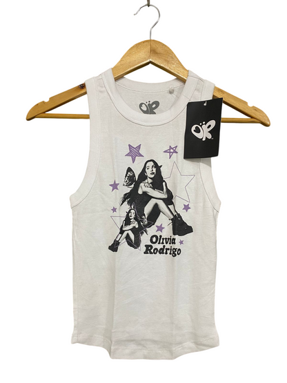 OR |S| BUST 11| A33| OLIVIA RODRIGO WHITE GRAPHIC RIBBED TANK TOP