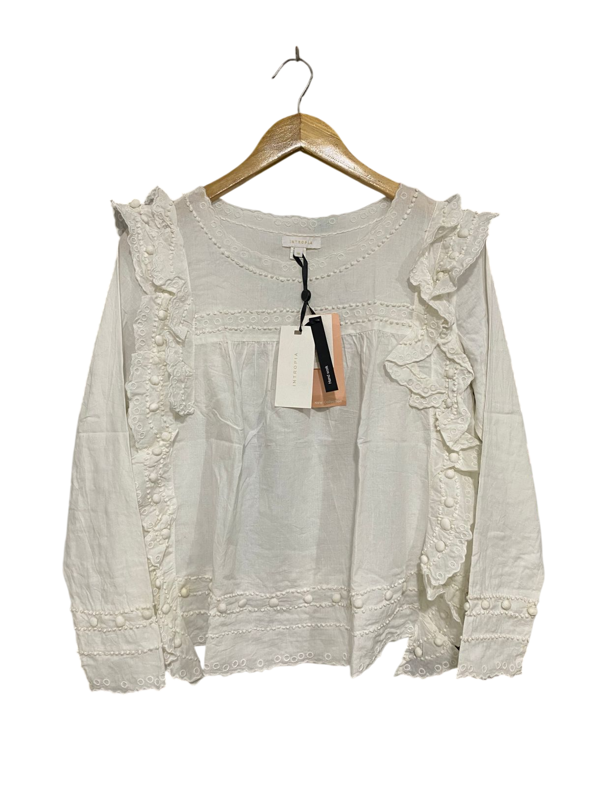 INTROPIA |M| BUST 19| A33| WHITE EYELET EMBROIDERED POM-POM RUFFLE-SHOULDER BLOUSE