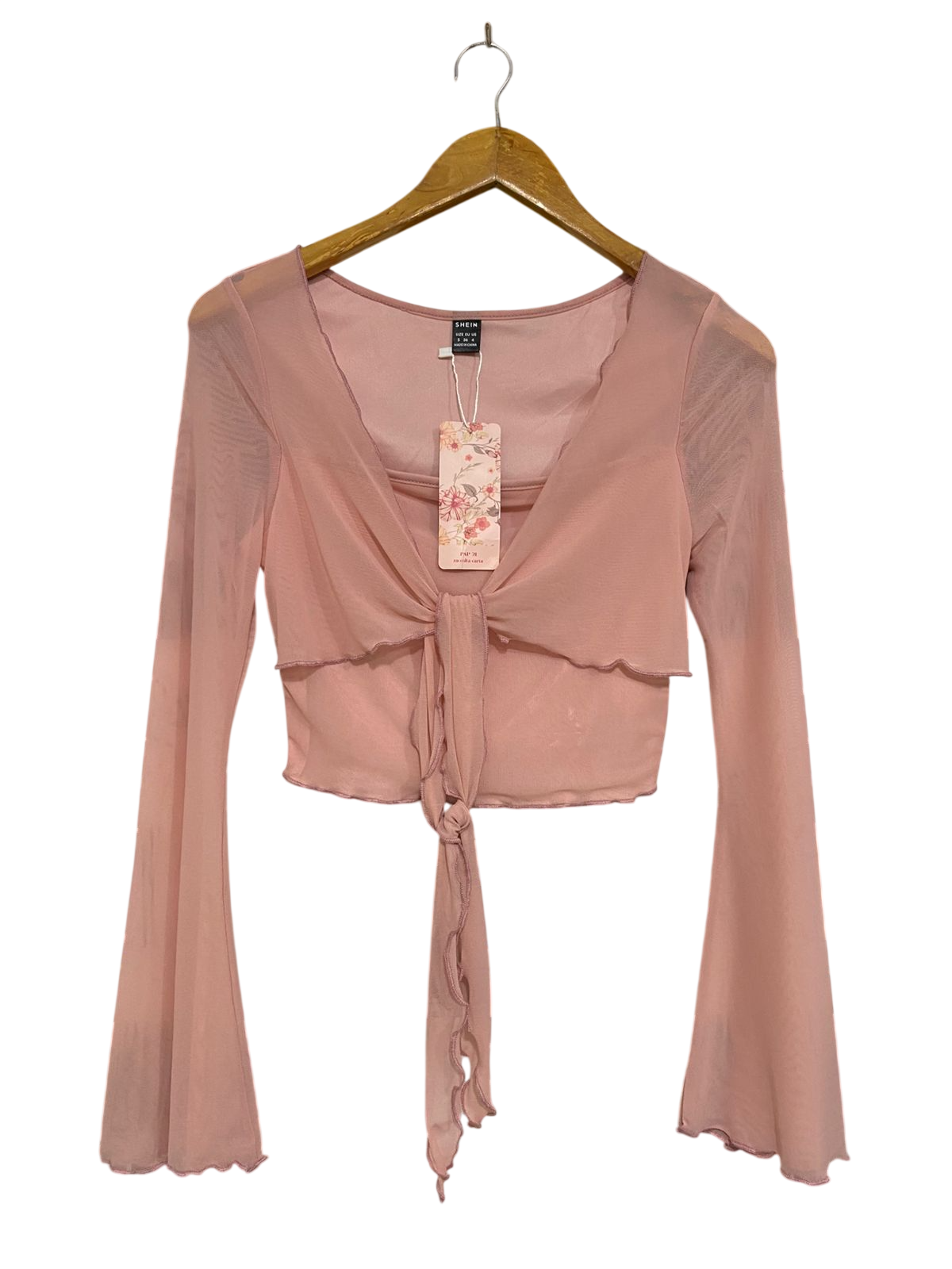 SHEIN |S| BUST 13| A33| DUSTY PINK MESH TIE-FRONT LONG BELL-SLEEVE CROP TOP