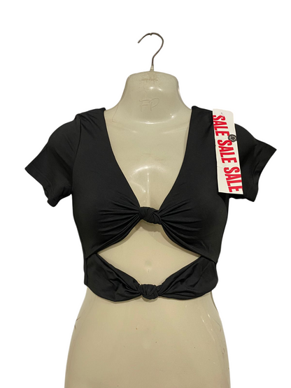 AVA & EVER |XS| BUST 13| A33| BLACK DOUBLE-KNOT CUTOUT SHORT-SLEEVE CROP TOP