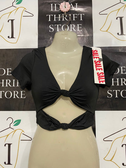 AVA & EVER |XS| BUST 13| A33| BLACK DOUBLE-KNOT CUTOUT SHORT-SLEEVE CROP TOP