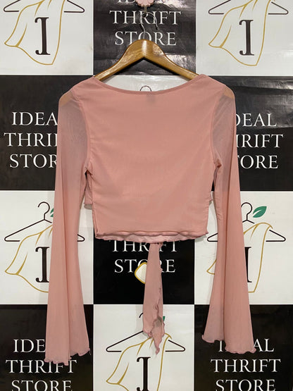 SHEIN |S| BUST 13| A33| DUSTY PINK MESH TIE-FRONT LONG BELL-SLEEVE CROP TOP