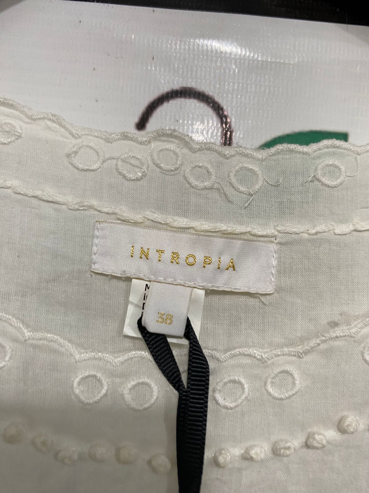 INTROPIA |M| BUST 19| A33| WHITE EYELET EMBROIDERED POM-POM RUFFLE-SHOULDER BLOUSE