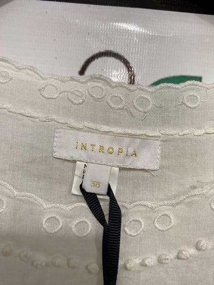 INTROPIA |M| BUST 19| A33| WHITE EYELET EMBROIDERED POM-POM RUFFLE-SHOULDER BLOUSE