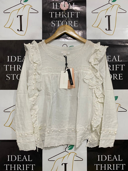 INTROPIA |M| BUST 19| A33| WHITE EYELET EMBROIDERED POM-POM RUFFLE-SHOULDER BLOUSE