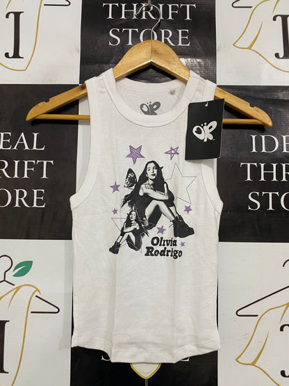 OR |S| BUST 11| A33| OLIVIA RODRIGO WHITE GRAPHIC RIBBED TANK TOP
