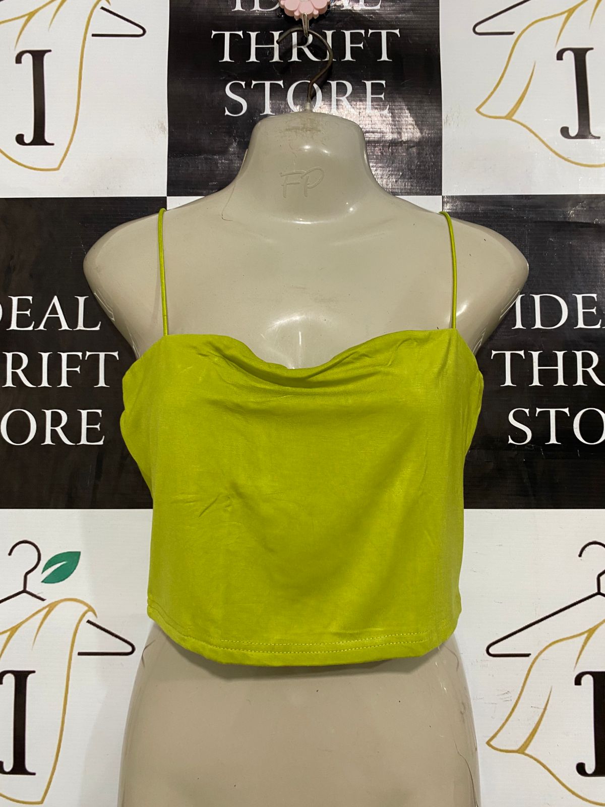 CIDER |L| BUST 16| A33| LIME GREEN COWL-NECK SPAGHETTI-STRAP CROP TOP