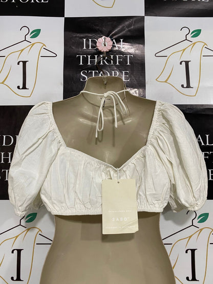 SABO |S| BUST 16| A33| WHITE PUFF-SLEEVE TIE-FRONT CROP TOP WITH NECK STRAPS