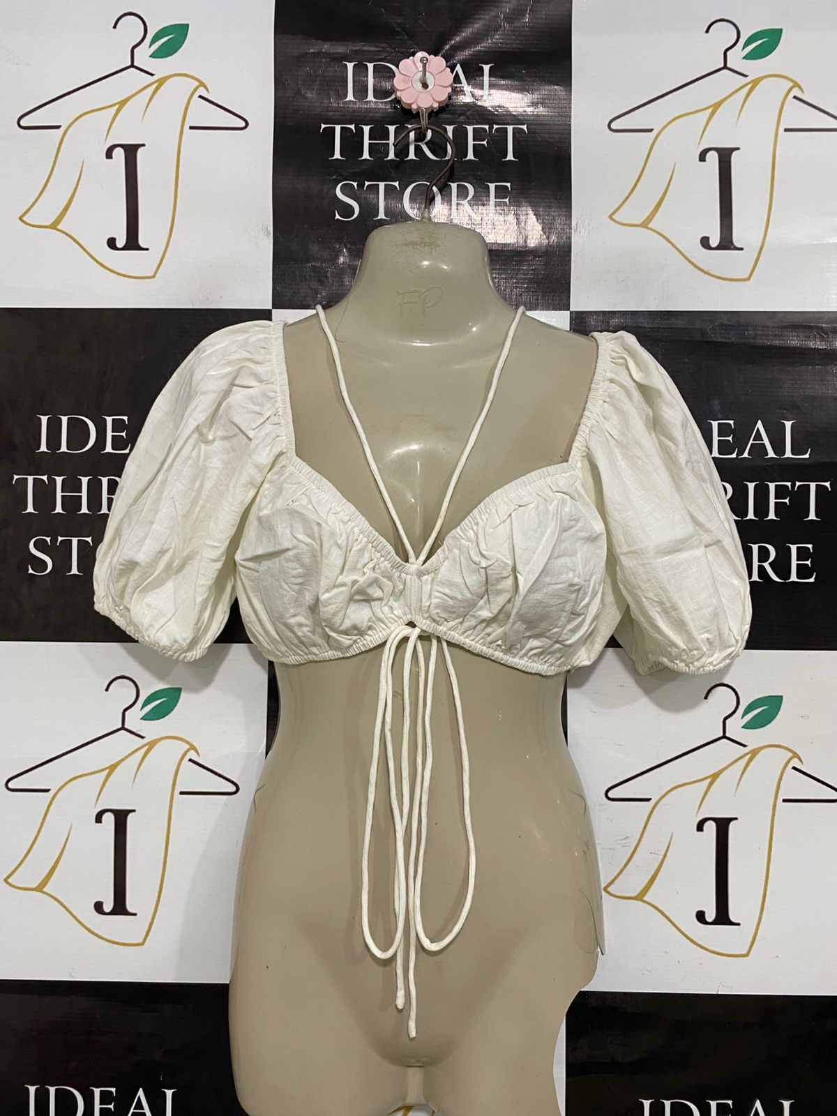 SABO |S| BUST 16| A33| WHITE PUFF-SLEEVE TIE-FRONT CROP TOP WITH NECK STRAPS