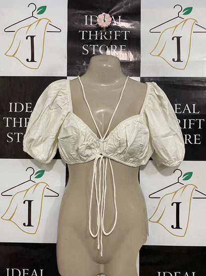 SABO |S| BUST 16| A33| WHITE PUFF-SLEEVE TIE-FRONT CROP TOP WITH NECK STRAPS