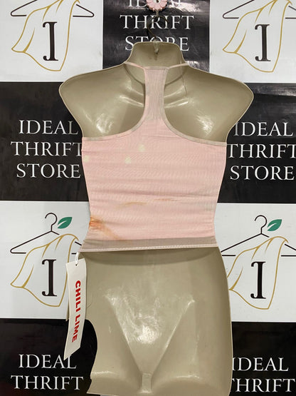 CHIL LIME |S| BUST 14| A33| CHILI LIME PINK ABSTRACT FLORAL MESH ASYMMETRIC CROP TOP