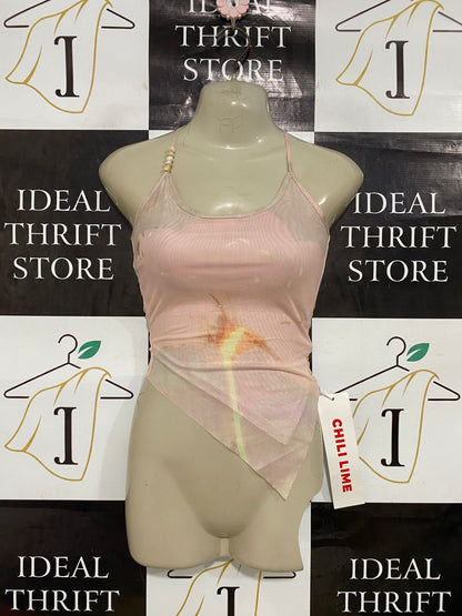 CHIL LIME |S| BUST 14| A33| CHILI LIME PINK ABSTRACT FLORAL MESH ASYMMETRIC CROP TOP